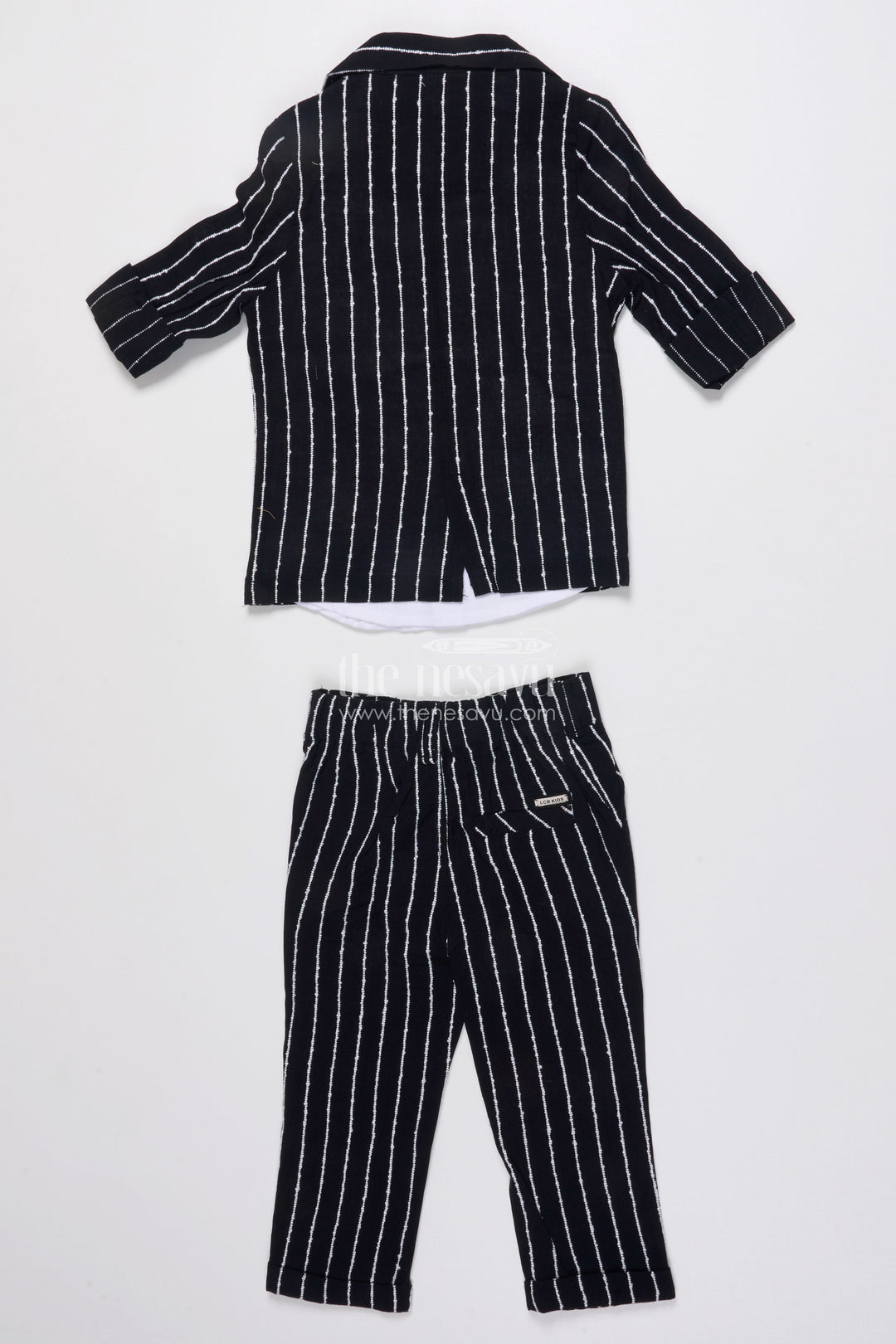 The Nesavu Boys Blazer Set Boys Cotton Stripe Blazer Outfit with Playful Embroidery and Bow Tie Nesavu Nesavu boys striped cotton blazer set bow tie badge  party wear suit