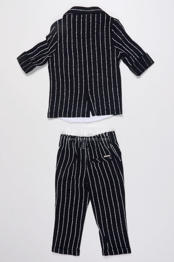 The Nesavu Boys Blazer Set Boys Cotton Stripe Blazer Outfit with Playful Embroidery and Bow Tie Nesavu Nesavu boys striped cotton blazer set bow tie badge  party wear suit