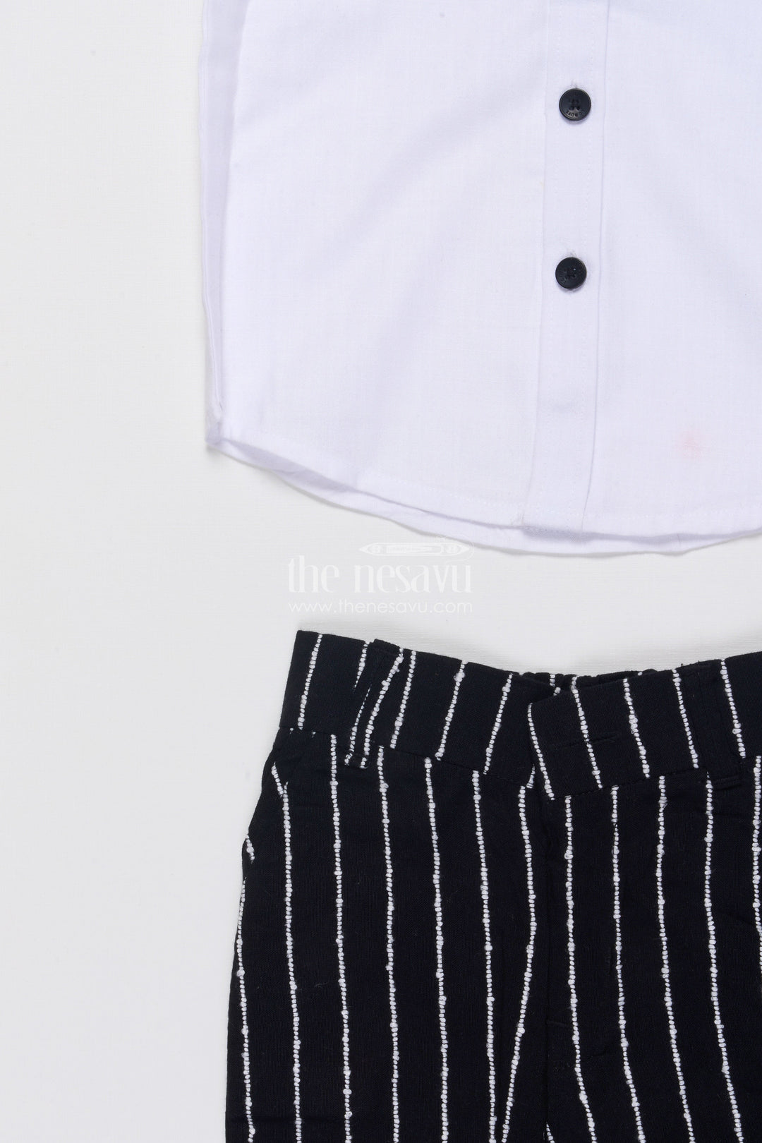 The Nesavu Boys Blazer Set Boys Cotton Stripe Blazer Outfit with Playful Embroidery and Bow Tie Nesavu Nesavu boys striped cotton blazer set bow tie badge  party wear suit