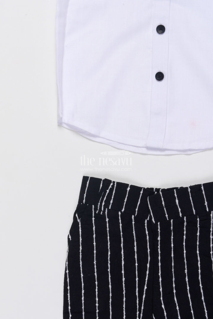 The Nesavu Boys Blazer Set Boys Cotton Stripe Blazer Outfit with Playful Embroidery and Bow Tie Nesavu Nesavu boys striped cotton blazer set bow tie badge  party wear suit