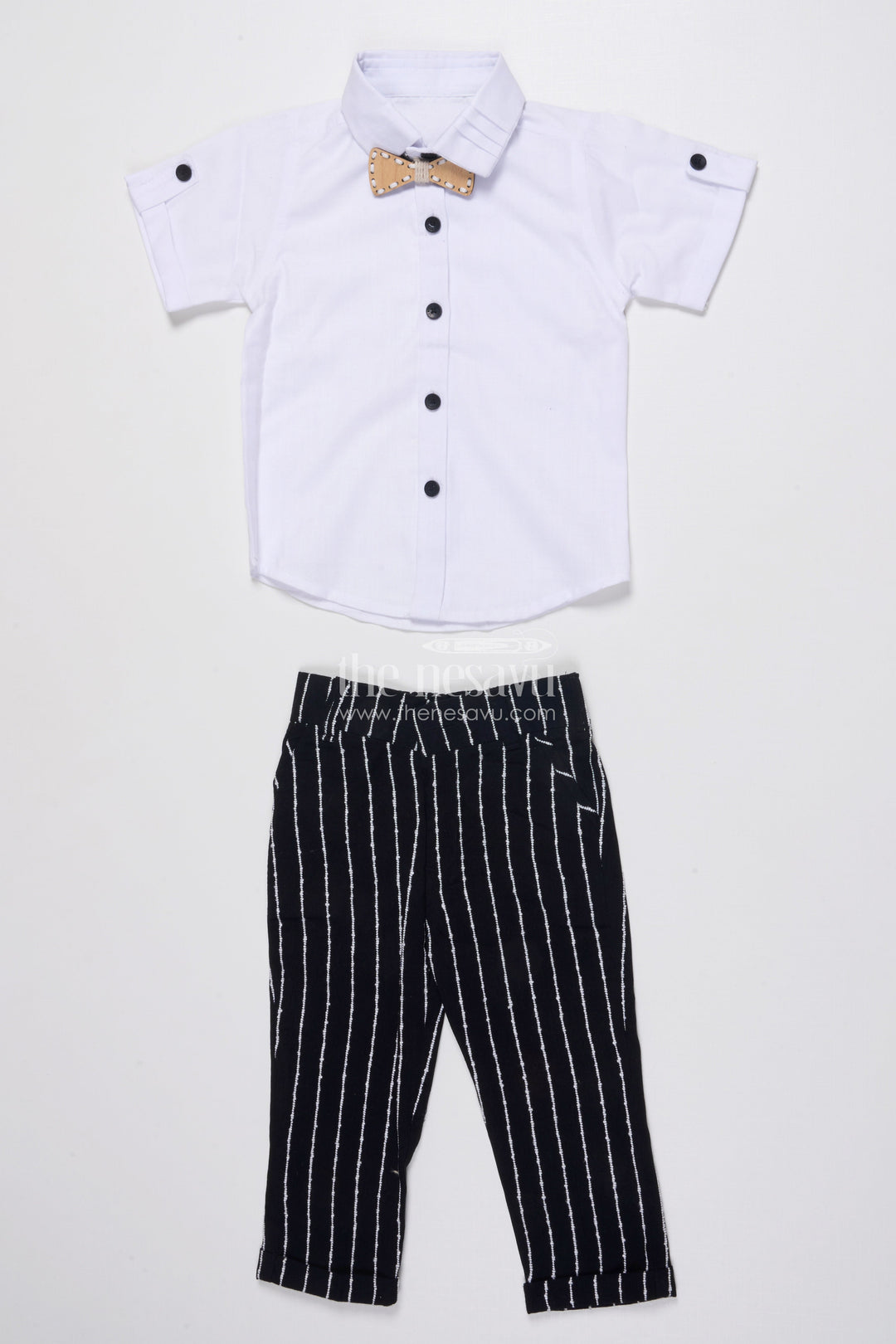 The Nesavu Boys Blazer Set Boys Cotton Stripe Blazer Outfit with Playful Embroidery and Bow Tie Nesavu Nesavu boys striped cotton blazer set bow tie badge  party wear suit