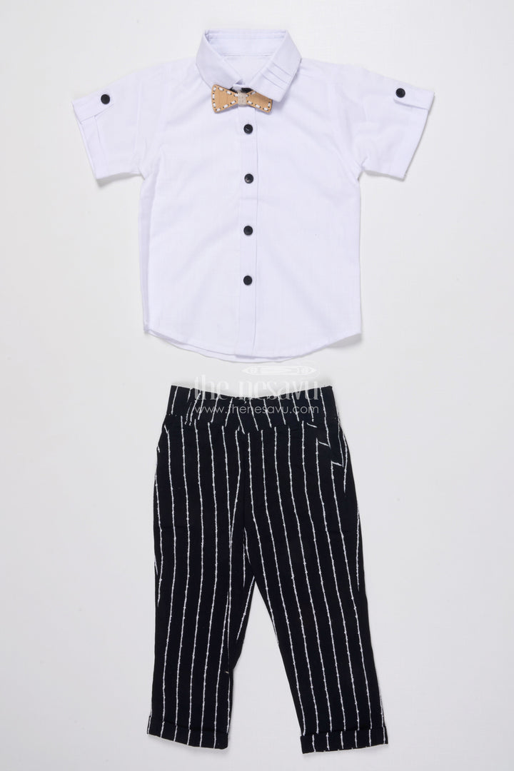 The Nesavu Boys Blazer Set Boys Cotton Stripe Blazer Outfit with Playful Embroidery and Bow Tie Nesavu Nesavu boys striped cotton blazer set bow tie badge  party wear suit