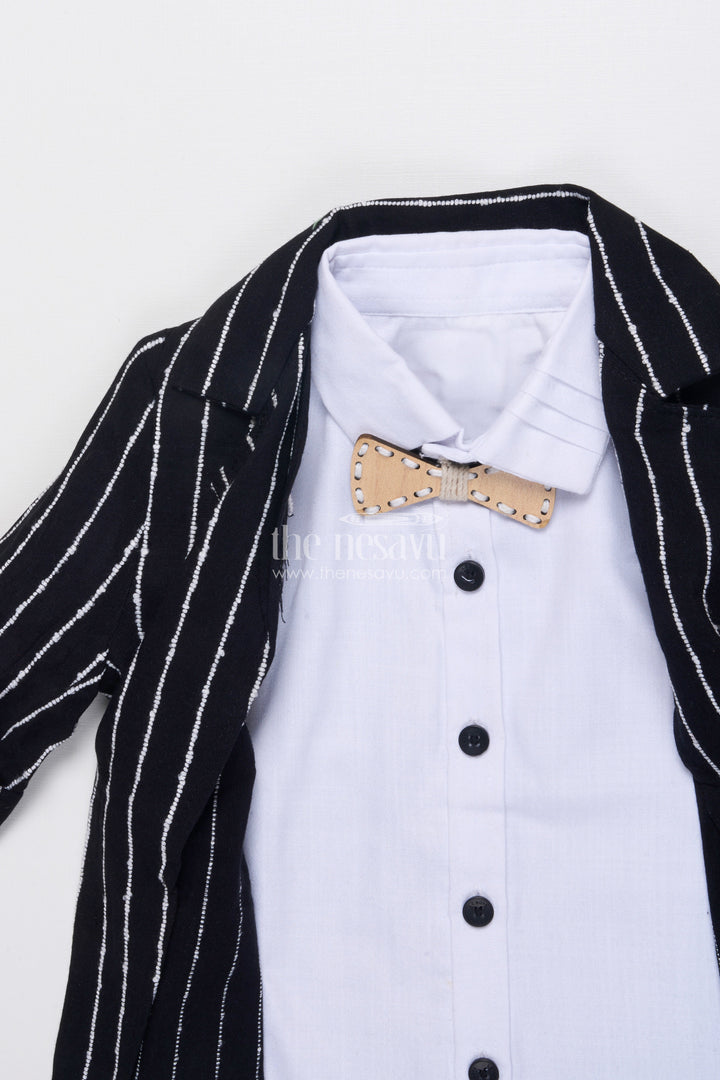 The Nesavu Boys Blazer Set Boys Cotton Stripe Blazer Outfit with Playful Embroidery and Bow Tie Nesavu Nesavu boys striped cotton blazer set bow tie badge  party wear suit