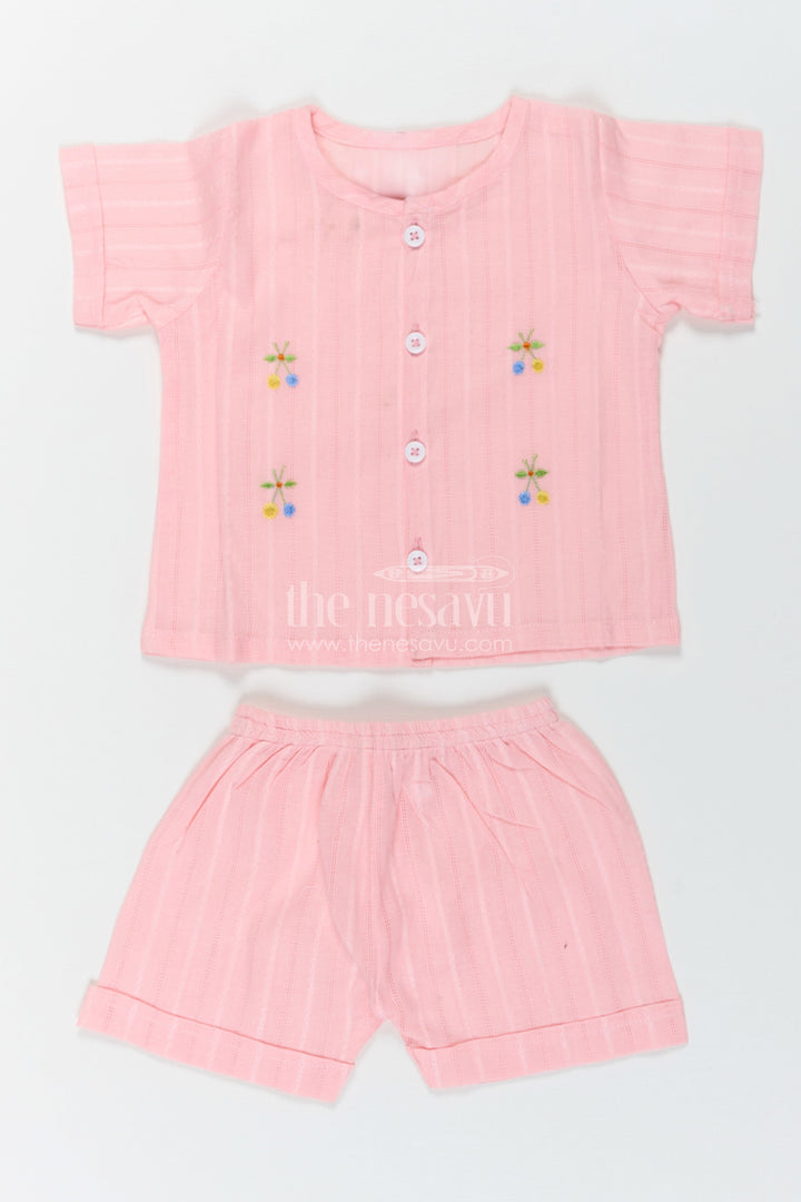 The Nesavu Baby Casual Sets Boys Cotton Suit Set in Soft Pink with Thread Embroidery and Front Button Shirt for Everyday Comfort Nesavu 10 (NB) / Peach BCS241A-10 Boys Cotton Suit Set Pink Thread Embroidery Matching Shorts Comfortable Wear | The Nesavu
