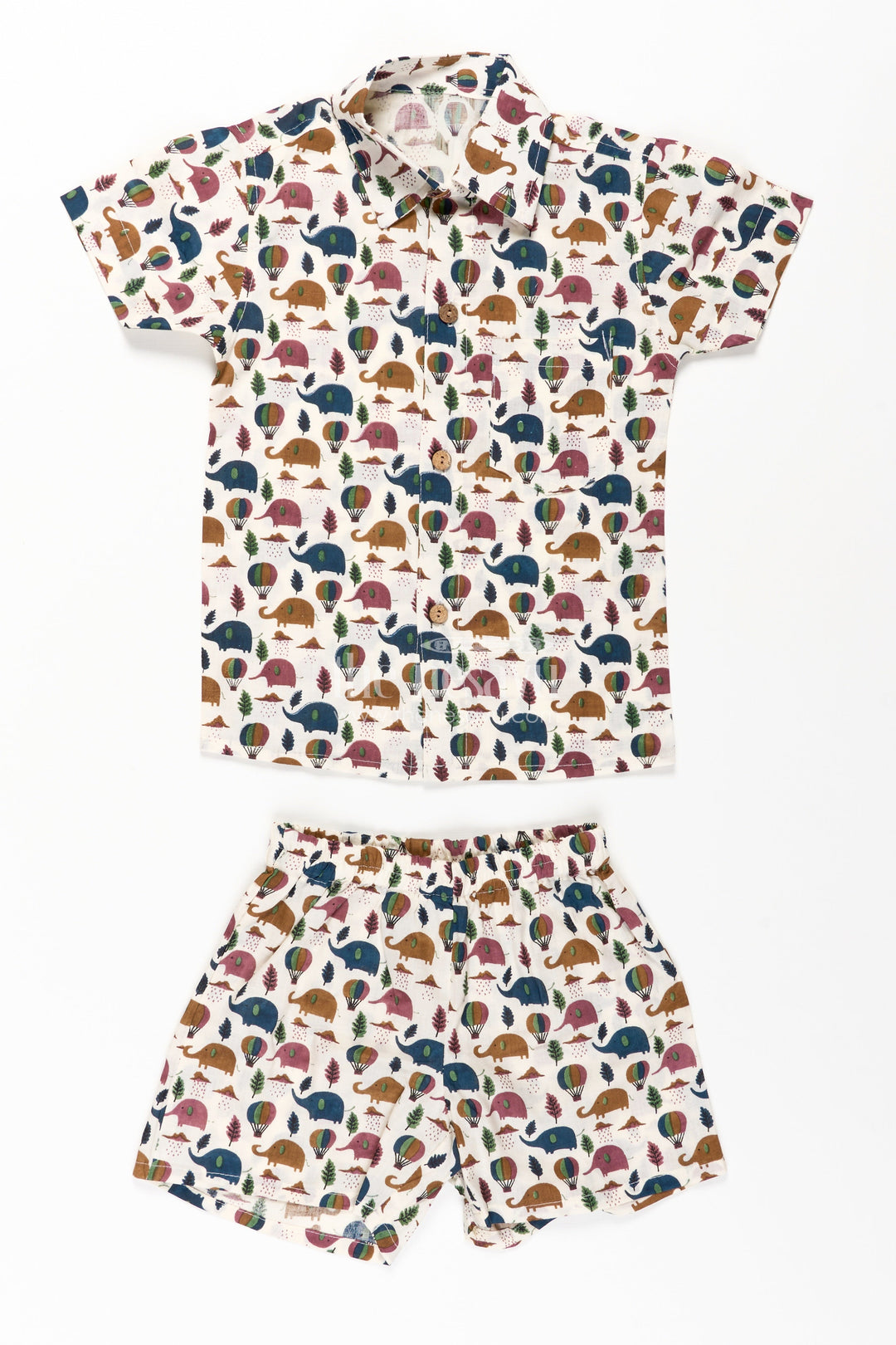The Nesavu Boys Casual Set Boys Cotton Summer Dresses Casual Set with Earth-Tone Elephant and Balloon Print Nesavu 16 (1Y) / Multicolor BCS271A-16 Nesavu Boys Cotton Summer Dresses Casual Set Elephant Balloon Print Matching Shorts