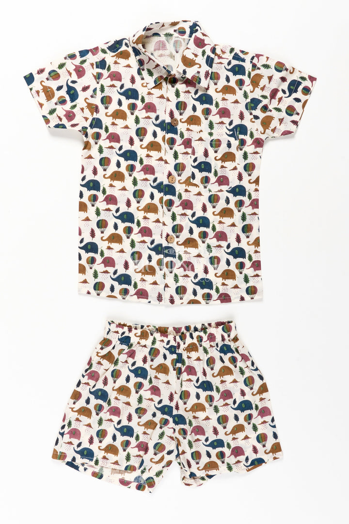 The Nesavu Boys Casual Set Boys Cotton Summer Dresses Casual Set with Earth-Tone Elephant and Balloon Print Nesavu 16 (1Y) / Multicolor BCS271A-16 Nesavu Boys Cotton Summer Dresses Casual Set Elephant Balloon Print Matching Shorts