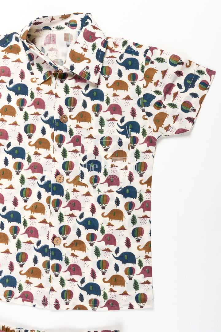 The Nesavu Boys Casual Set Boys Cotton Summer Dresses Casual Set with Earth-Tone Elephant and Balloon Print Nesavu Nesavu Boys Cotton Summer Dresses Casual Set Elephant Balloon Print Matching Shorts