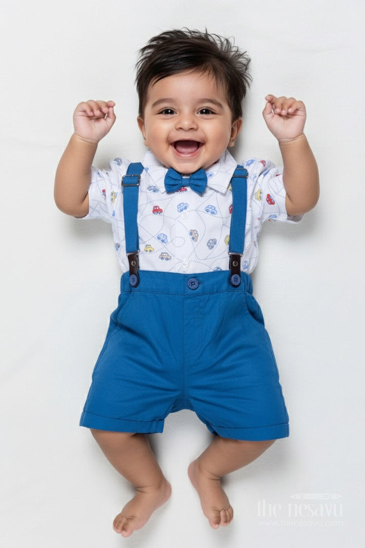 The Nesavu Boys Casual Set Boys Cotton Suspender Set with Car Print Shirt for Birthdays and Photoshoots Nesavu 16 (1Y) / Blue BCS485A-16 Nesavu boys suspender set car print shirt bow tie  perfect birthdays special occasions