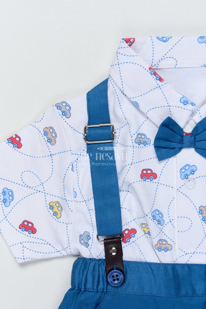 The Nesavu Boys Casual Set Boys Cotton Suspender Set with Car Print Shirt for Birthdays and Photoshoots Nesavu Nesavu boys suspender set car print shirt bow tie  perfect birthdays special occasions