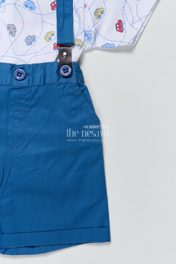 The Nesavu Boys Casual Set Boys Cotton Suspender Set with Car Print Shirt for Birthdays and Photoshoots Nesavu Nesavu boys suspender set car print shirt bow tie  perfect birthdays special occasions