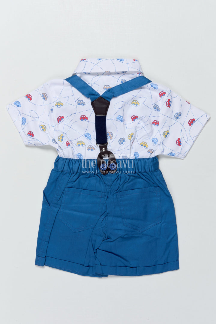 The Nesavu Boys Casual Set Boys Cotton Suspender Set with Car Print Shirt for Birthdays and Photoshoots Nesavu Nesavu boys suspender set car print shirt bow tie  perfect birthdays special occasions