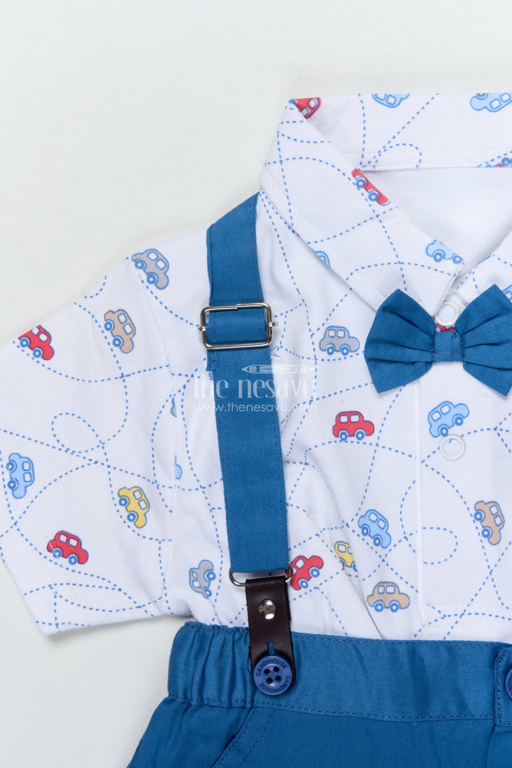 The Nesavu Boys Casual Set Boys Cotton Suspender Set with Car Print Shirt for Birthdays and Photoshoots Nesavu Nesavu boys suspender set car print shirt bow tie  perfect birthdays special occasions