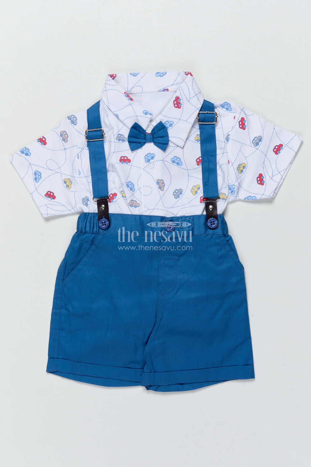 The Nesavu Boys Casual Set Boys Cotton Suspender Set with Car Print Shirt for Birthdays and Photoshoots Nesavu Nesavu boys suspender set car print shirt bow tie  perfect birthdays special occasions