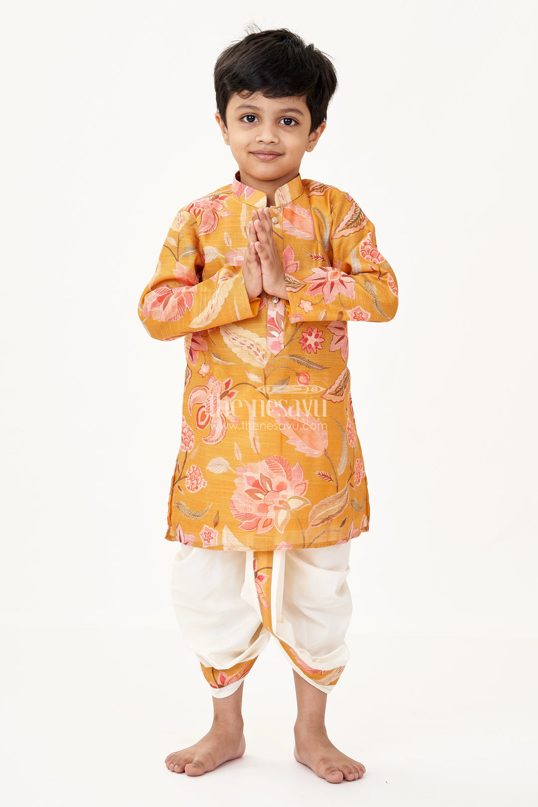 The Nesavu Boys Dothi Set Boys Cotton Tissue Dhoti Shirt Set with Floral Digital Print and Mustard Base for Traditional Charm Nesavu 16 (1Y) / Yellow BES678A-16 Boys Dhoti Shirt Set Cotton Tissue Mustard Floral Digital Print Ethnic Wear | The Nesavu