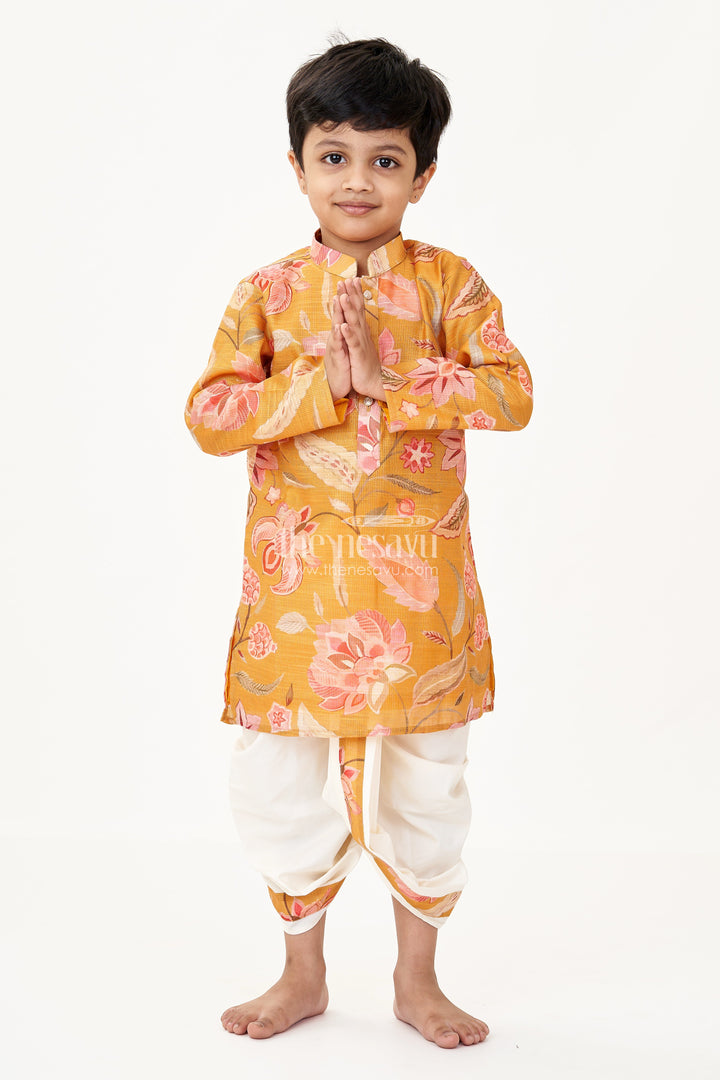 The Nesavu Boys Dothi Set Boys Cotton Tissue Dhoti Shirt Set with Floral Digital Print and Mustard Base for Traditional Charm Nesavu 16 (1Y) / Yellow BES678A-16 Boys Dhoti Shirt Set Cotton Tissue Mustard Floral Digital Print Ethnic Wear | The Nesavu