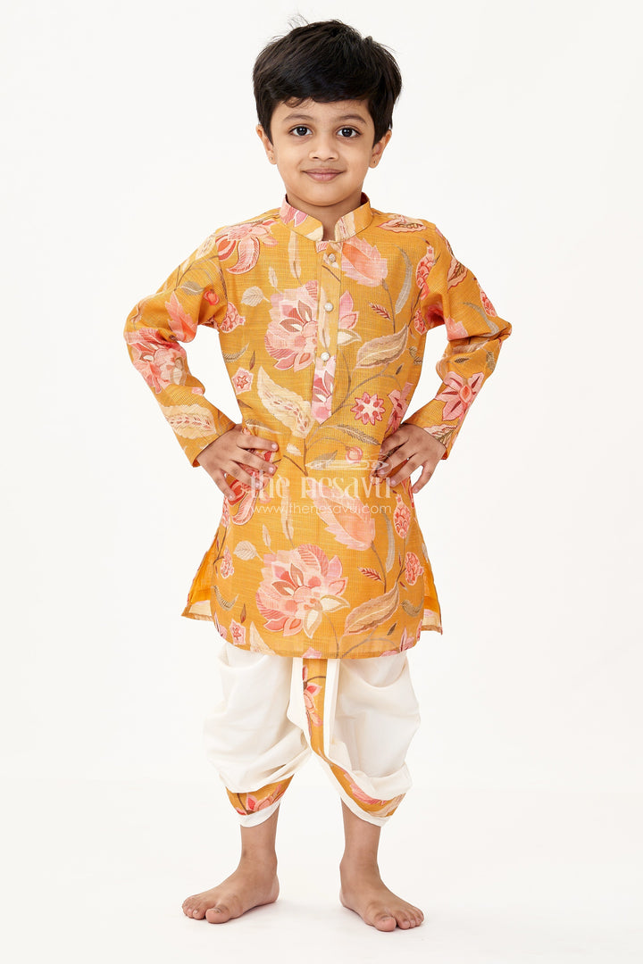 The Nesavu Boys Dothi Set Boys Cotton Tissue Dhoti Shirt Set with Floral Digital Print and Mustard Base for Traditional Charm Nesavu Boys Dhoti Shirt Set Cotton Tissue Mustard Floral Digital Print Ethnic Wear | The Nesavu