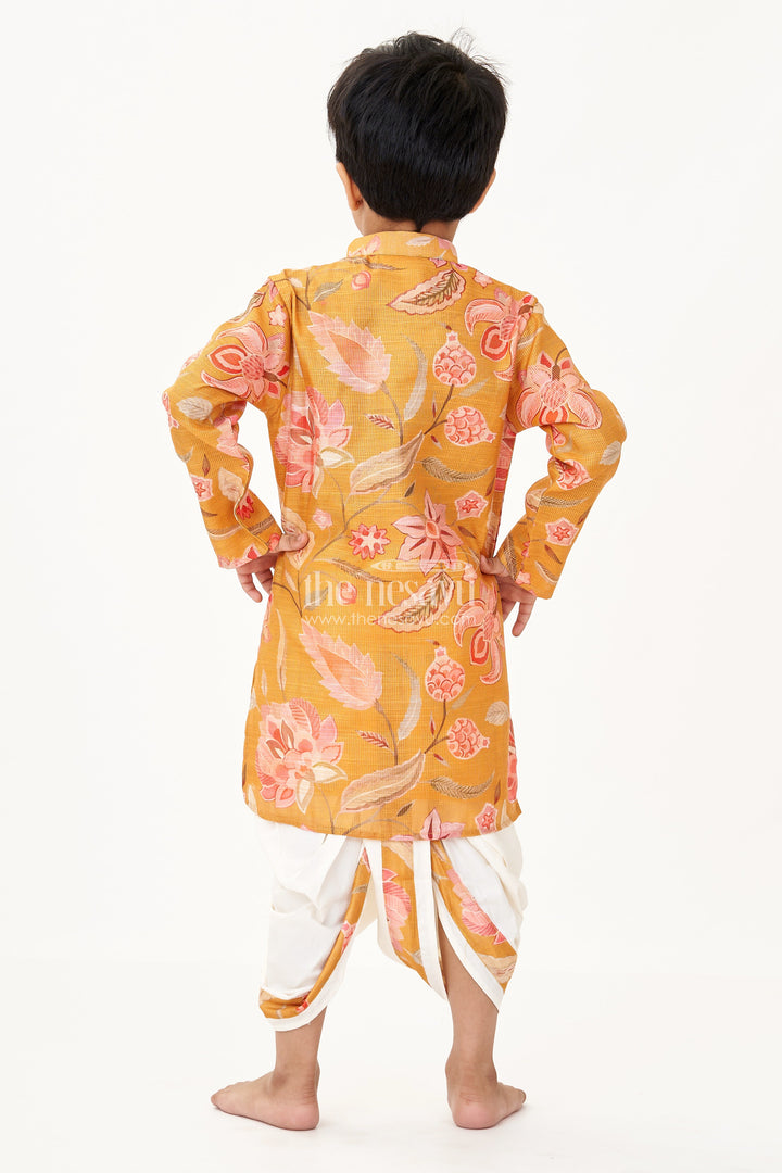 The Nesavu Boys Dothi Set Boys Cotton Tissue Dhoti Shirt Set with Floral Digital Print and Mustard Base for Traditional Charm Nesavu Nesavu Boys Dhoti Shirt Set Cotton Tissue Mustard Floral Digital Print Ethnic Wear
