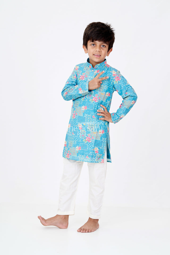 The Nesavu Boys Kurtha Set Boys Cotton Tissue Printed Shirt Kurta Set in Aqua Teal with Geometric and Floral Digital Print Nesavu 16 (1Y) / Green BES679A-16 Boys Printed Shirt Kurta Set Cotton Tissue Aqua Teal Base Digital Floral Accents | The Nesavu