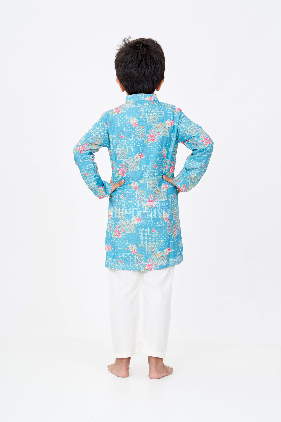 The Nesavu Boys Kurtha Set Boys Cotton Tissue Printed Shirt Kurta Set in Aqua Teal with Geometric and Floral Digital Print Nesavu Boys Printed Shirt Kurta Set Cotton Tissue Aqua Teal Base Digital Floral Accents | The Nesavu