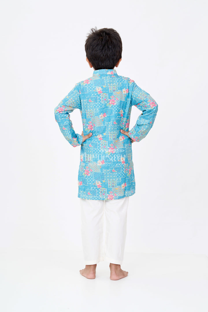 The Nesavu Boys Kurtha Set Boys Cotton Tissue Printed Shirt Kurta Set in Aqua Teal with Geometric and Floral Digital Print Nesavu Boys Printed Shirt Kurta Set Cotton Tissue Aqua Teal Base Digital Floral Accents | The Nesavu