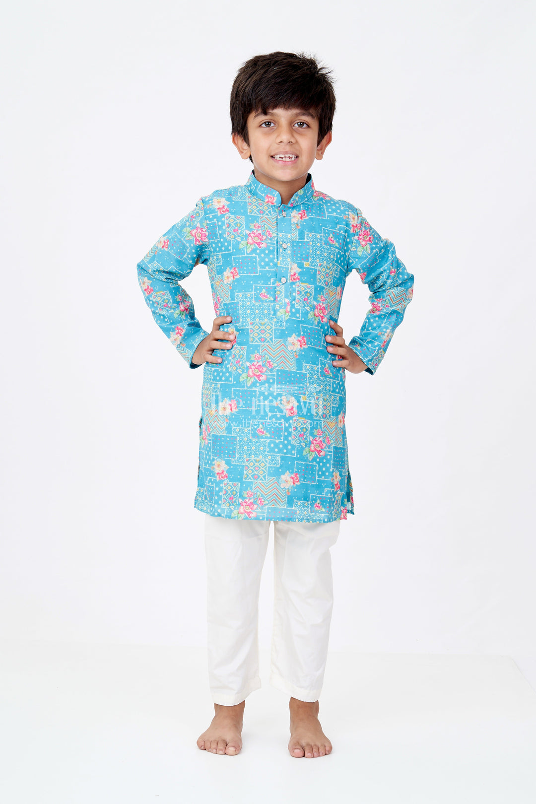 The Nesavu Boys Kurtha Set Boys Cotton Tissue Printed Shirt Kurta Set in Aqua Teal with Geometric and Floral Digital Print Nesavu Boys Printed Shirt Kurta Set Cotton Tissue Aqua Teal Base Digital Floral Accents | The Nesavu