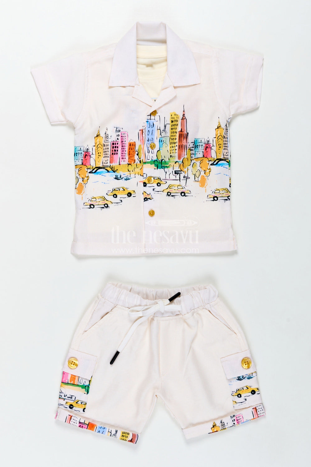 The Nesavu Boys Casual Set Boys Cotton Vintage Print Shirts Set with Matching Shorts for Stylish Everyday Dressing Nesavu 14 (6M) / Cream BCS277A-14 Nesavu Boys Cotton Vintage Printed Shirt Shorts Set Coordinated Style Everyday Outfits