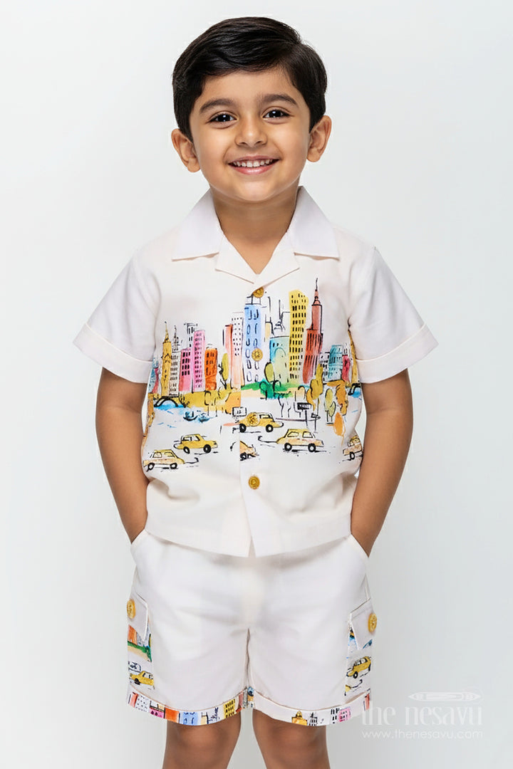 The Nesavu Boys Casual Set Boys Cotton Vintage Print Shirts Set with Matching Shorts for Stylish Everyday Dressing Nesavu 14 (6M) / Cream BCS277A-14 Nesavu Boys Cotton Vintage Printed Shirt Shorts Set Coordinated Style Everyday Outfits