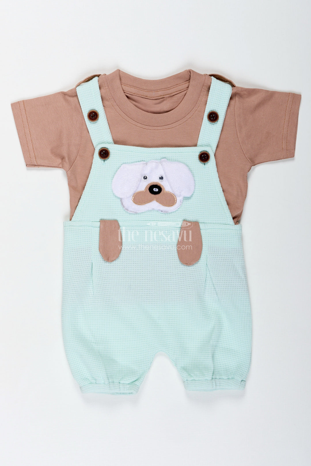 The Nesavu Boys Casual Set Boys Cotton Waffle Knit Batch Design Set with Dog Embellishment and Mint Green Overalls for Daily Wear Nesavu Nesavu Boys Cotton Waffle Knit Batch Design Set Mint Green Overalls Dog Patch Embellishment