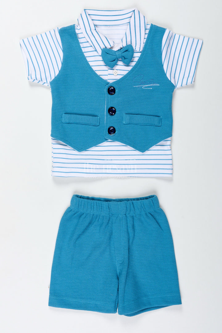 The Nesavu Boys Casual Set Boys Cotton Waffle Knit Blue Casual Set with Smart Vest and Striped Tee for Everyday Cool Style Nesavu 14 (6M) / Blue BCS309B-14 Nesavu Boys Blue Casual Set Cotton Waffle Knit Vest Striped T Shirt All Day Comfort