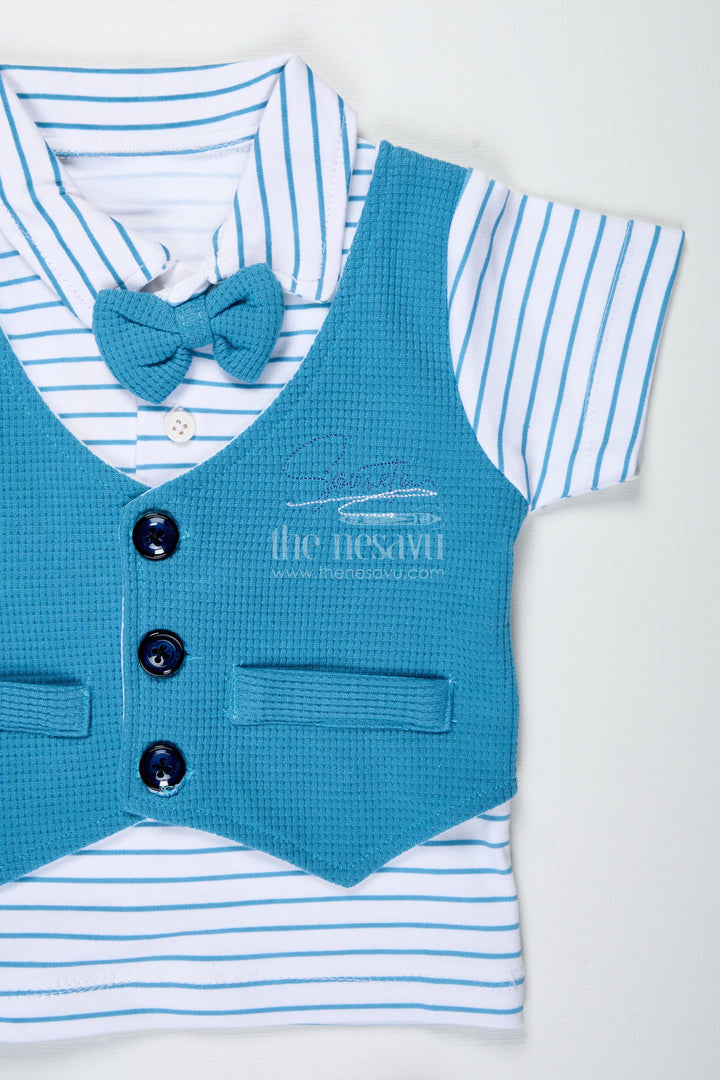 The Nesavu Boys Casual Set Boys Cotton Waffle Knit Blue Casual Set with Smart Vest and Striped Tee for Everyday Cool Style Nesavu Nesavu Boys Blue Casual Set Cotton Waffle Knit Vest Striped T Shirt All Day Comfort