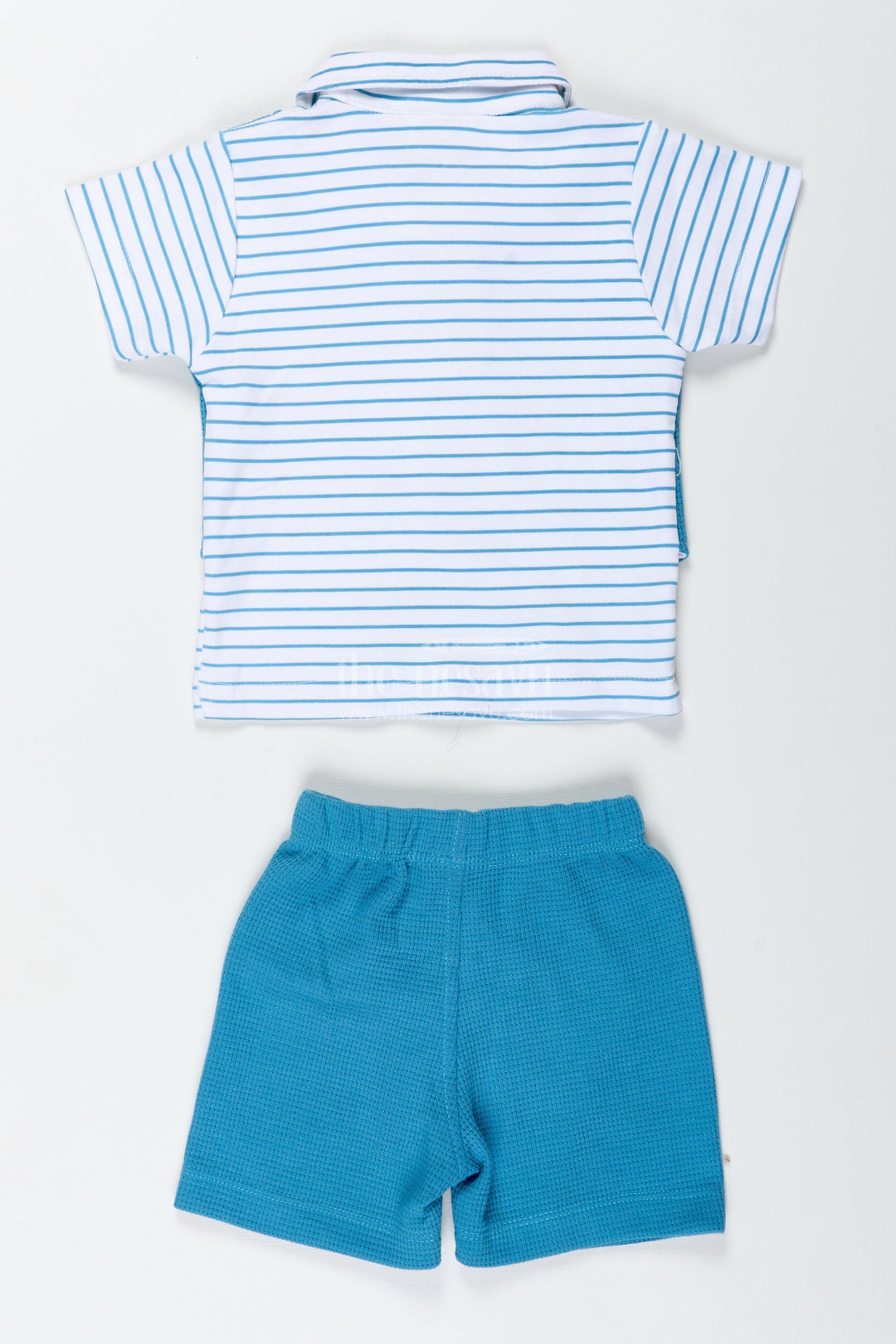 The Nesavu Boys Casual Set Boys Cotton Waffle Knit Blue Casual Set with Smart Vest and Striped Tee for Everyday Cool Style Nesavu Nesavu Boys Blue Casual Set Cotton Waffle Knit Vest Striped T Shirt All Day Comfort