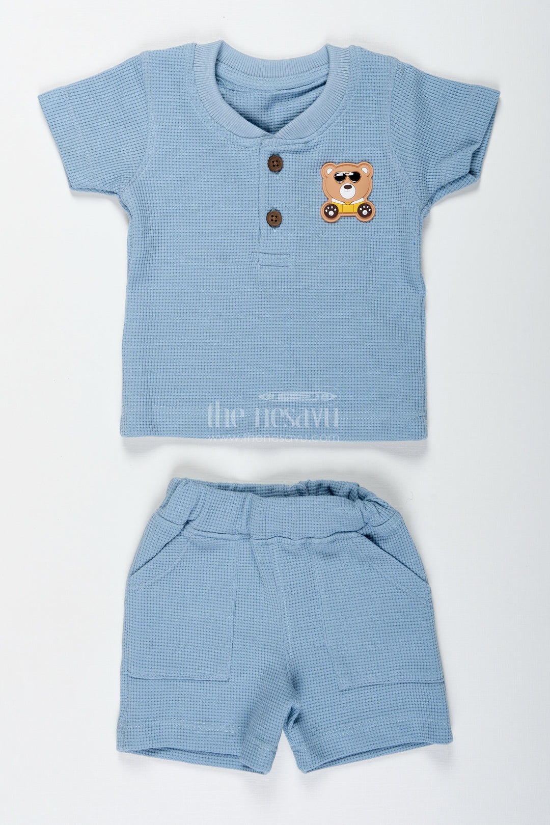 The Nesavu Boys Casual Set Boys Cotton Waffle Knit Blue Casual Summer Dress with Textured Tee and Matching Shorts for Lightweight Comfort Nesavu 14 (6M) / Blue BCS308B-14 Nesavu Boys Blue Casual Summer Dress Cotton Waffle Knit Matching Shorts Bear Patch Detail