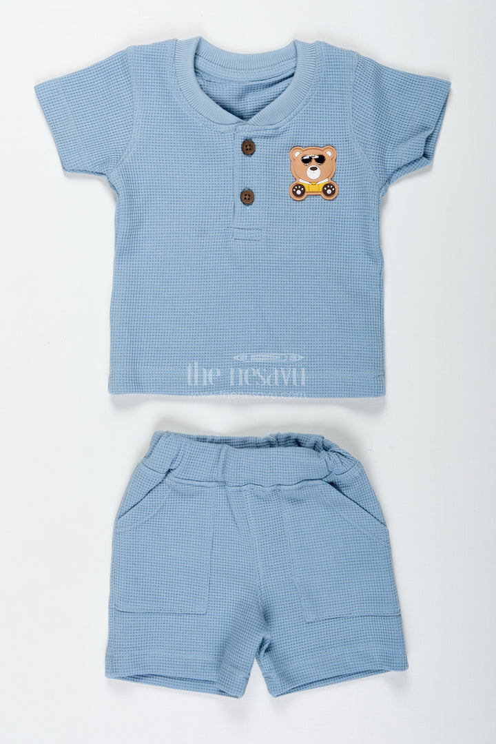 The Nesavu Boys Casual Set Boys Cotton Waffle Knit Blue Casual Summer Dress with Textured Tee and Matching Shorts for Lightweight Comfort Nesavu 14 (6M) / Blue BCS308B-14 Nesavu Boys Blue Casual Summer Dress Cotton Waffle Knit Matching Shorts Bear Patch Detail