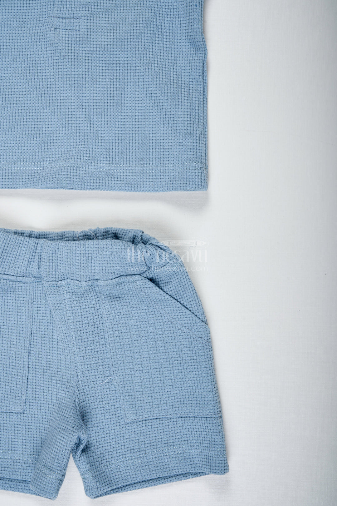 The Nesavu Boys Casual Set Boys Cotton Waffle Knit Blue Casual Summer Dress with Textured Tee and Matching Shorts for Lightweight Comfort Nesavu Nesavu Boys Blue Casual Summer Dress Cotton Waffle Knit Matching Shorts Bear Patch Detail