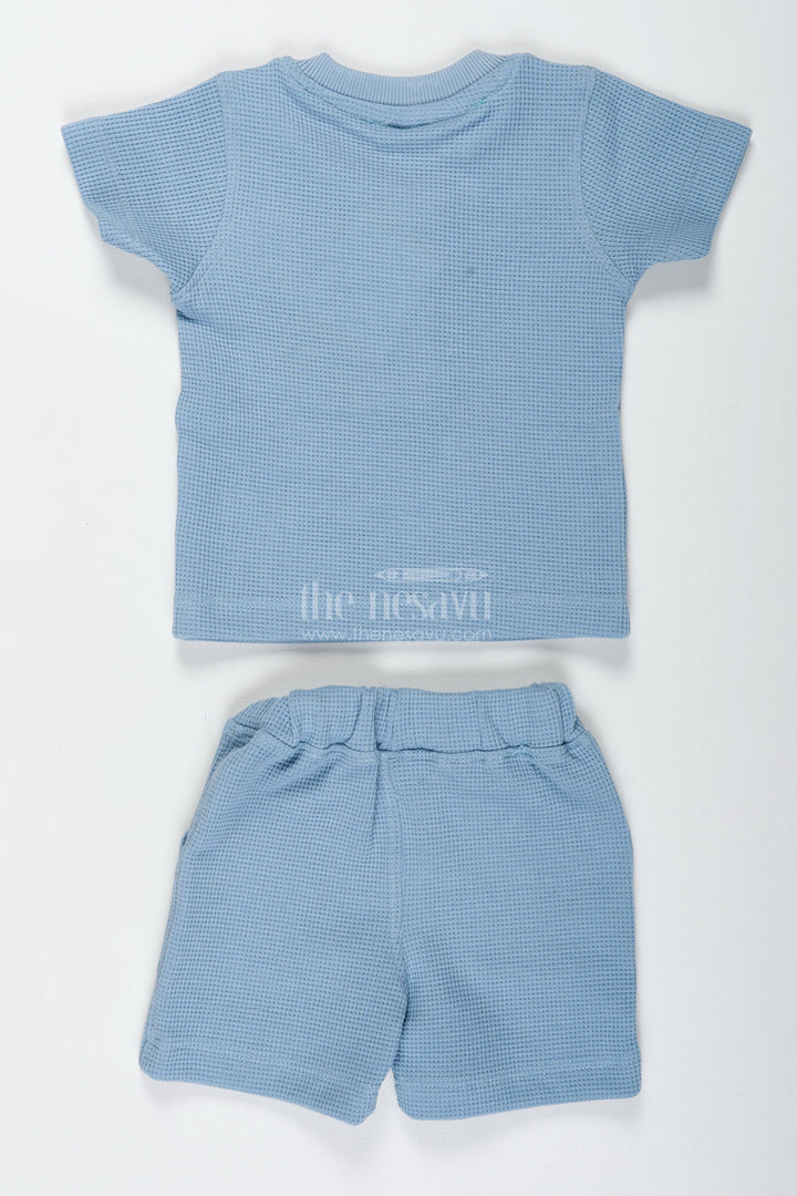 The Nesavu Boys Casual Set Boys Cotton Waffle Knit Blue Casual Summer Dress with Textured Tee and Matching Shorts for Lightweight Comfort Nesavu Nesavu Boys Blue Casual Summer Dress Cotton Waffle Knit Matching Shorts Bear Patch Detail