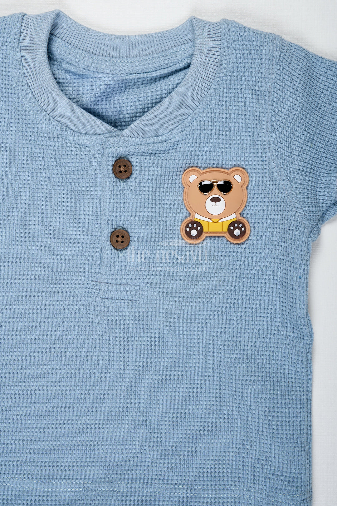 The Nesavu Boys Casual Set Boys Cotton Waffle Knit Blue Casual Summer Dress with Textured Tee and Matching Shorts for Lightweight Comfort Nesavu Nesavu Boys Blue Casual Summer Dress Cotton Waffle Knit Matching Shorts Bear Patch Detail