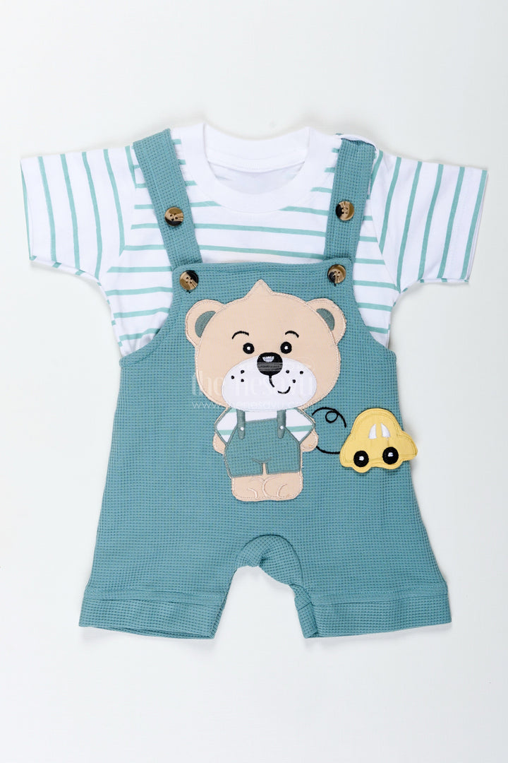 The Nesavu Boys Casual Set Boys Cotton Waffle Knit Casual Summer Dresses Cotton Set with Bear Design and Striped T Shirt Nesavu 14 (6M) / Green BCS313B-14 Nesavu Boys Cotton Waffle Knit Summer Set Bear Dungaree Design Striped Tee Casual Comfort