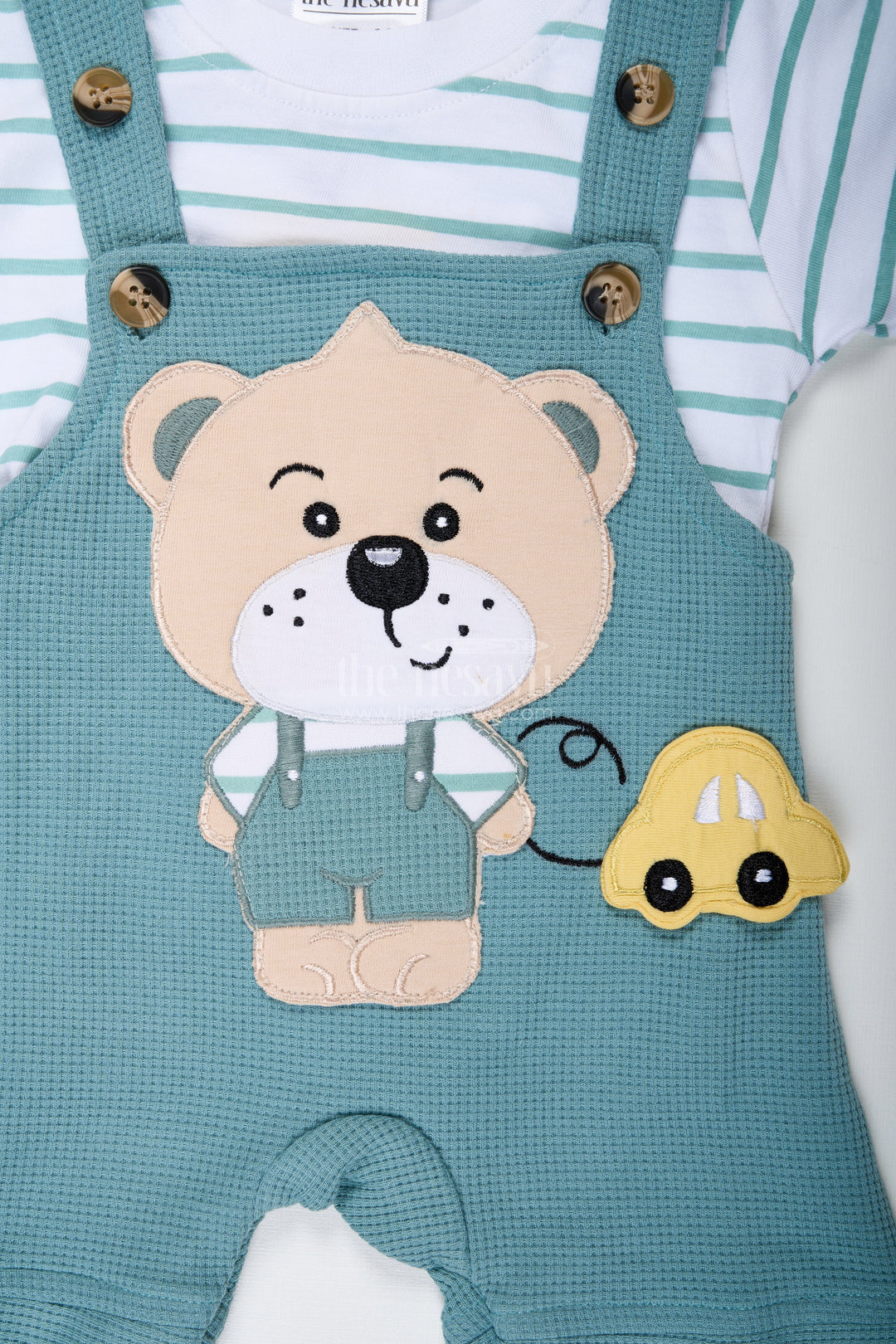 The Nesavu Boys Casual Set Boys Cotton Waffle Knit Casual Summer Dresses Cotton Set with Bear Design and Striped T Shirt Nesavu Nesavu Boys Cotton Waffle Knit Summer Set Bear Dungaree Design Striped Tee Casual Comfort