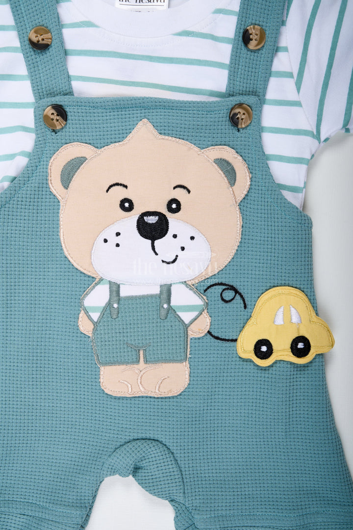 The Nesavu Boys Casual Set Boys Cotton Waffle Knit Casual Summer Dresses Cotton Set with Bear Design and Striped T Shirt Nesavu Nesavu Boys Cotton Waffle Knit Summer Set Bear Dungaree Design Striped Tee Casual Comfort