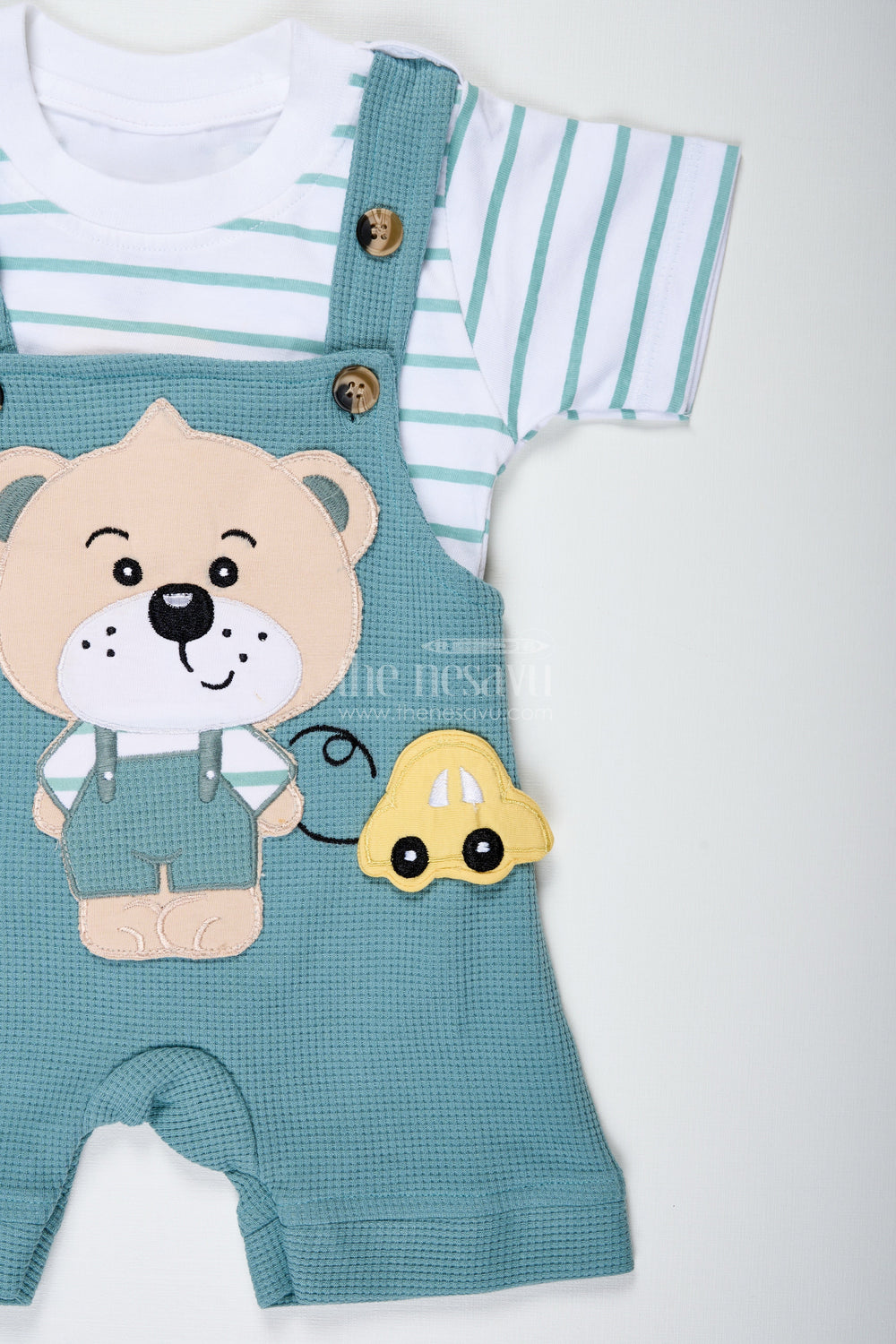 The Nesavu Boys Casual Set Boys Cotton Waffle Knit Casual Summer Dresses Cotton Set with Bear Design and Striped T Shirt Nesavu Nesavu Boys Cotton Waffle Knit Summer Set Bear Dungaree Design Striped Tee Casual Comfort