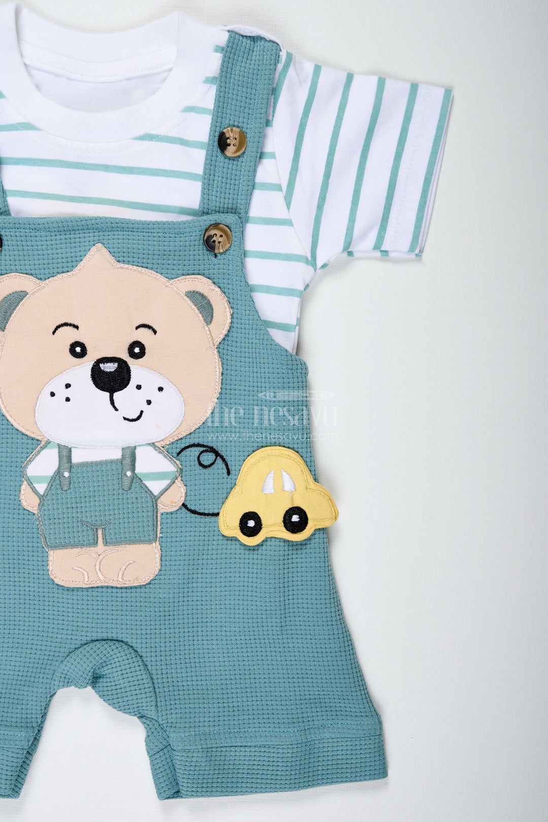 The Nesavu Boys Casual Set Boys Cotton Waffle Knit Casual Summer Dresses Cotton Set with Bear Design and Striped T Shirt Nesavu Nesavu Boys Cotton Waffle Knit Summer Set Bear Dungaree Design Striped Tee Casual Comfort