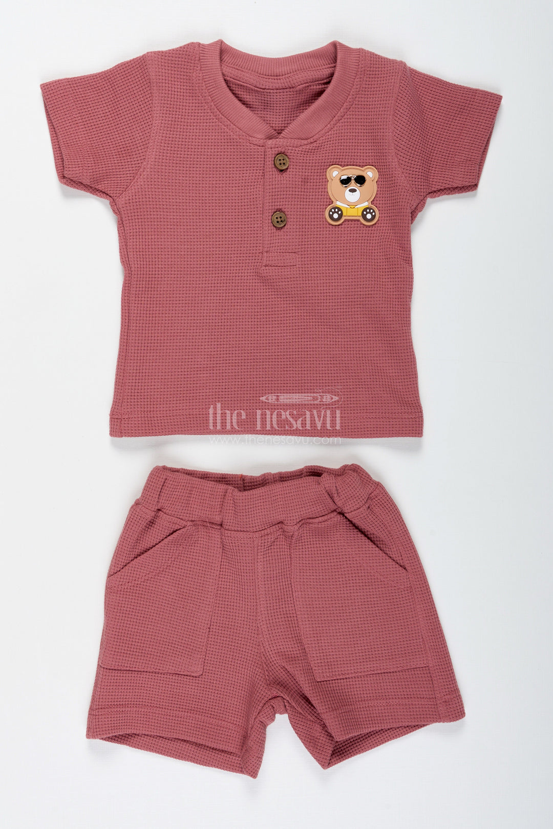 The Nesavu Boys Casual Set Boys Cotton Waffle Knit Casual Top and Short Set with Pocket Detailing in Rust Tone for All Day Ease Nesavu 14 (6M) / Peach BCS308A-14 Nesavu Boys Casual Top Short Set Cotton Waffle Knit Front Buttons Pocket Detail
