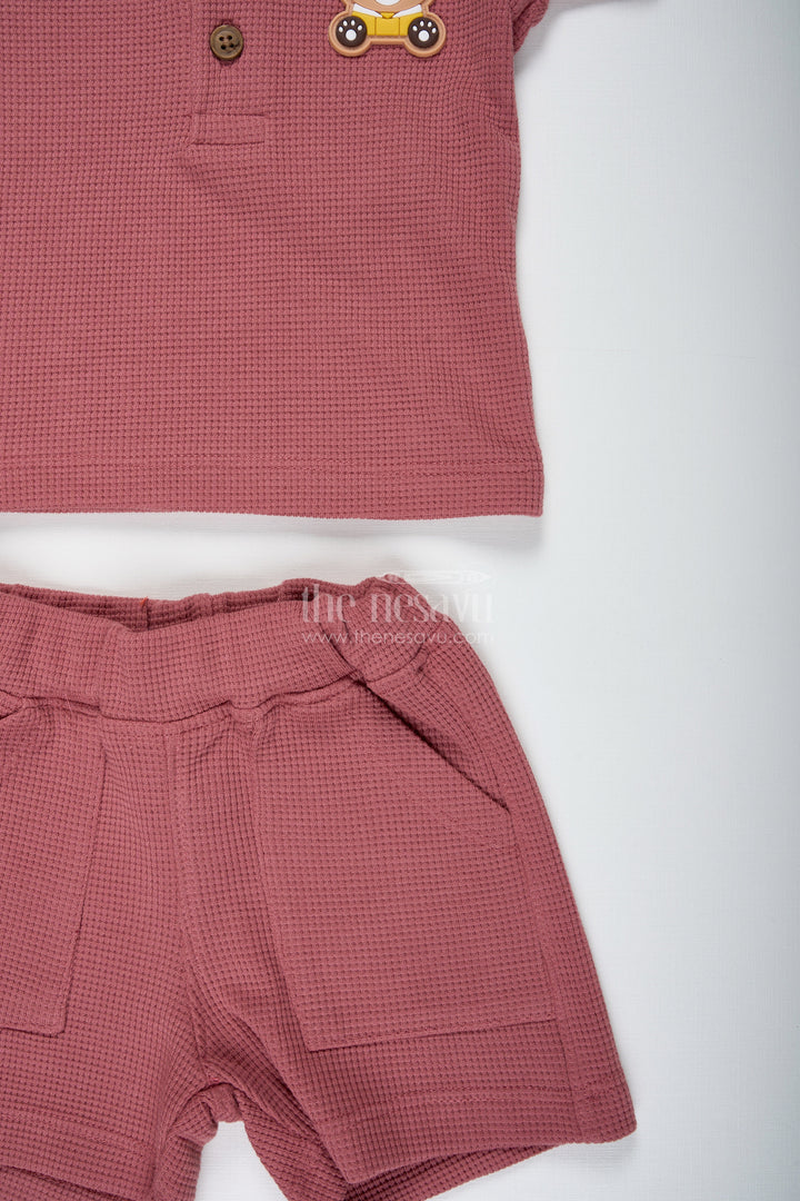The Nesavu Boys Casual Set Boys Cotton Waffle Knit Casual Top and Short Set with Pocket Detailing in Rust Tone for All Day Ease Nesavu Nesavu Boys Casual Top Short Set Cotton Waffle Knit Front Buttons Pocket Detail