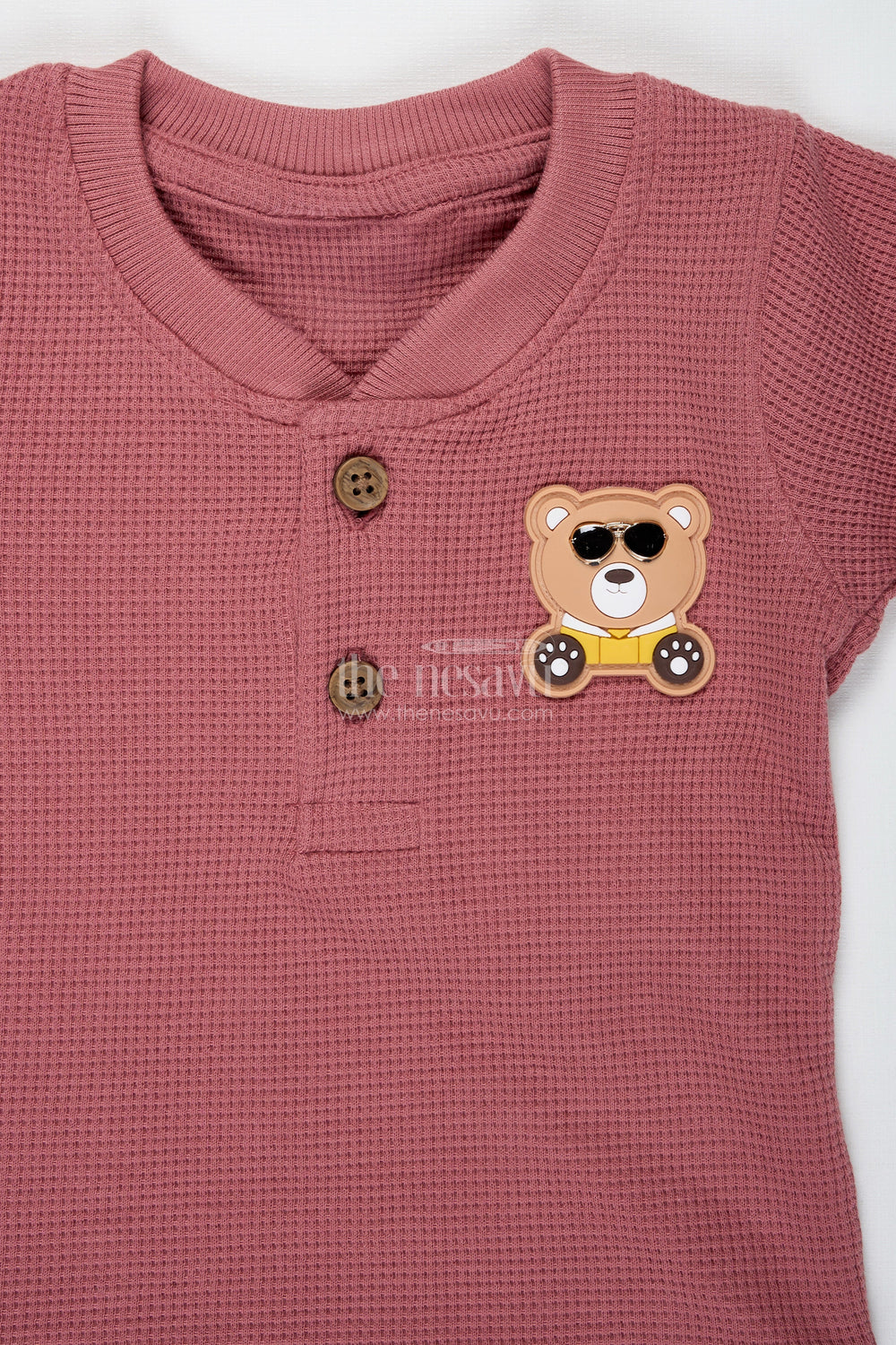 The Nesavu Boys Casual Set Boys Cotton Waffle Knit Casual Top and Short Set with Pocket Detailing in Rust Tone for All Day Ease Nesavu Nesavu Boys Casual Top Short Set Cotton Waffle Knit Front Buttons Pocket Detail