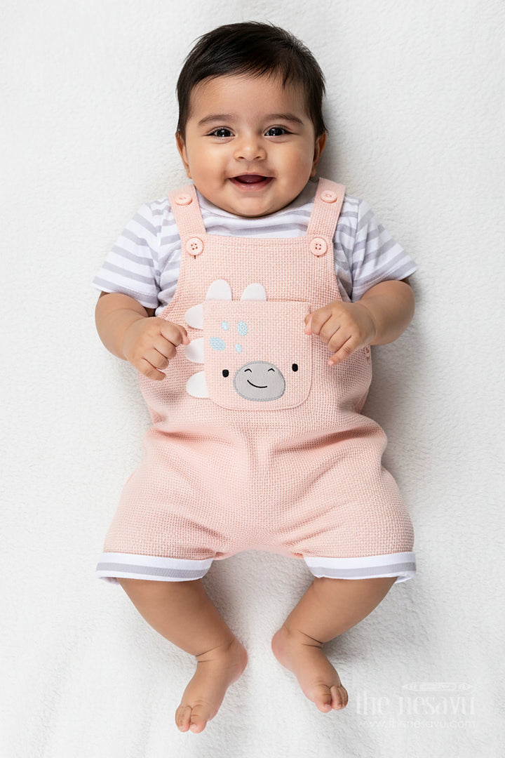 The Nesavu Boys Casual Set Boys Cotton Waffle Knit Peach Dress Casual Set with Striped Tee and Bear Face Dungaree for Everyday Play Nesavu 14 (6M) / Peach BCS310B-14 Nesavu Boys Peach Dress Casual Set Cotton Waffle Knit Dungaree Striped Tee Featuring Bear Face