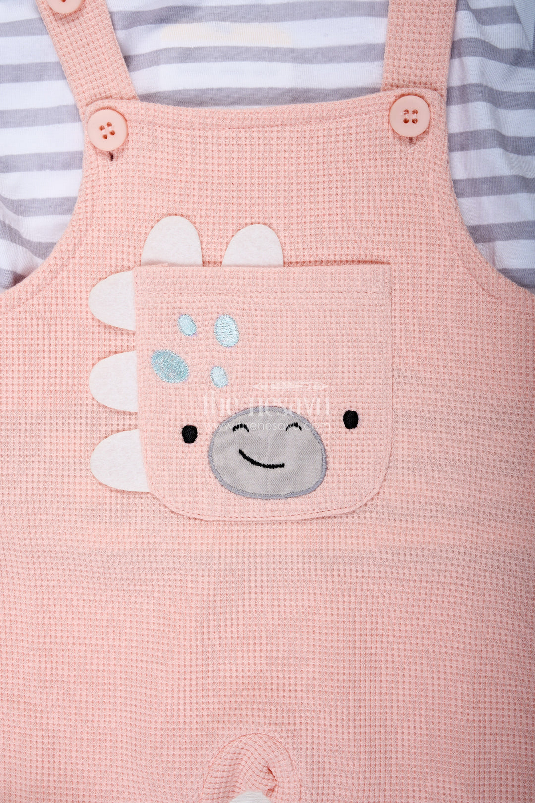 The Nesavu Boys Casual Set Boys Cotton Waffle Knit Peach Dress Casual Set with Striped Tee and Bear Face Dungaree for Everyday Play Nesavu Nesavu Boys Peach Dress Casual Set Cotton Waffle Knit Dungaree Striped Tee Featuring Bear Face