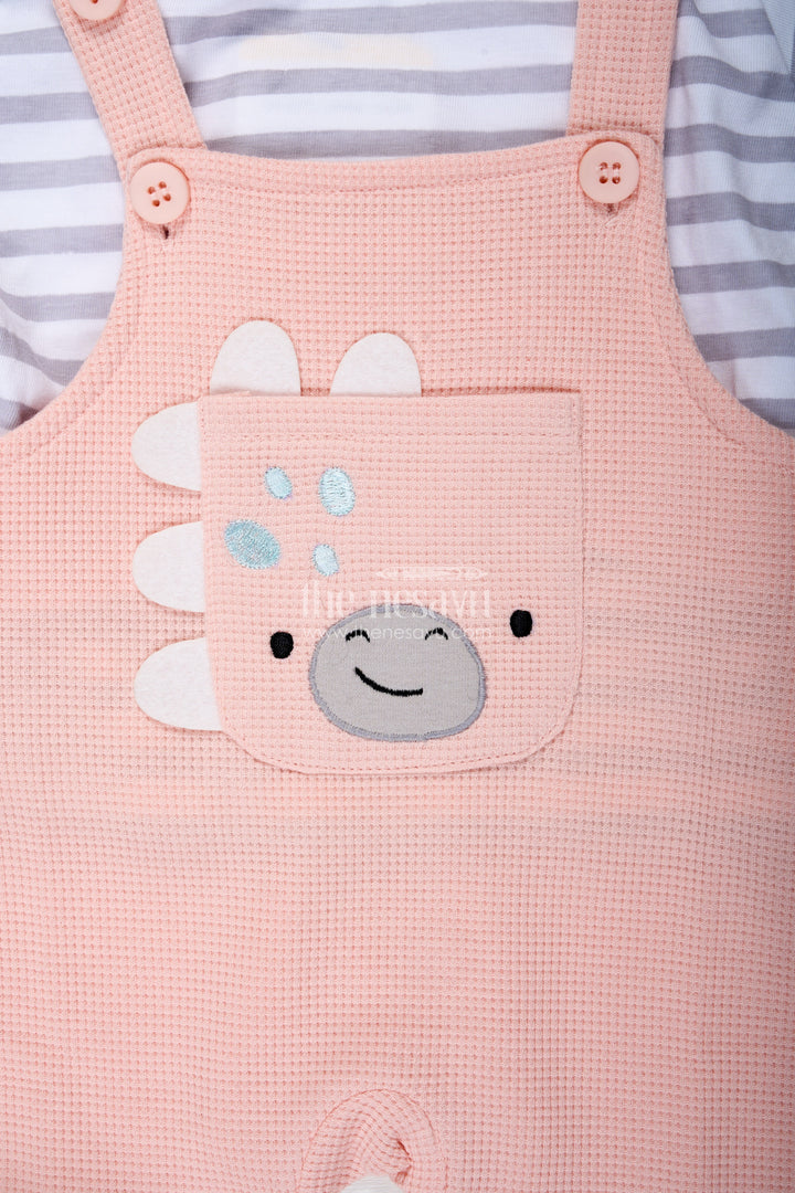 The Nesavu Boys Casual Set Boys Cotton Waffle Knit Peach Dress Casual Set with Striped Tee and Bear Face Dungaree for Everyday Play Nesavu Nesavu Boys Peach Dress Casual Set Cotton Waffle Knit Dungaree Striped Tee Featuring Bear Face