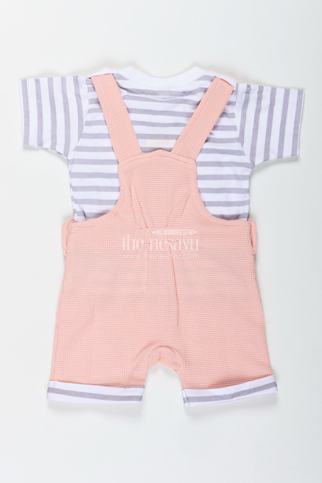 The Nesavu Boys Casual Set Boys Cotton Waffle Knit Peach Dress Casual Set with Striped Tee and Bear Face Dungaree for Everyday Play Nesavu Nesavu Boys Peach Dress Casual Set Cotton Waffle Knit Dungaree Striped Tee Featuring Bear Face