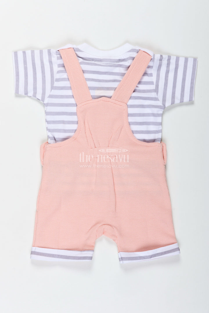 The Nesavu Boys Casual Set Boys Cotton Waffle Knit Peach Dress Casual Set with Striped Tee and Bear Face Dungaree for Everyday Play Nesavu Nesavu Boys Peach Dress Casual Set Cotton Waffle Knit Dungaree Striped Tee Featuring Bear Face