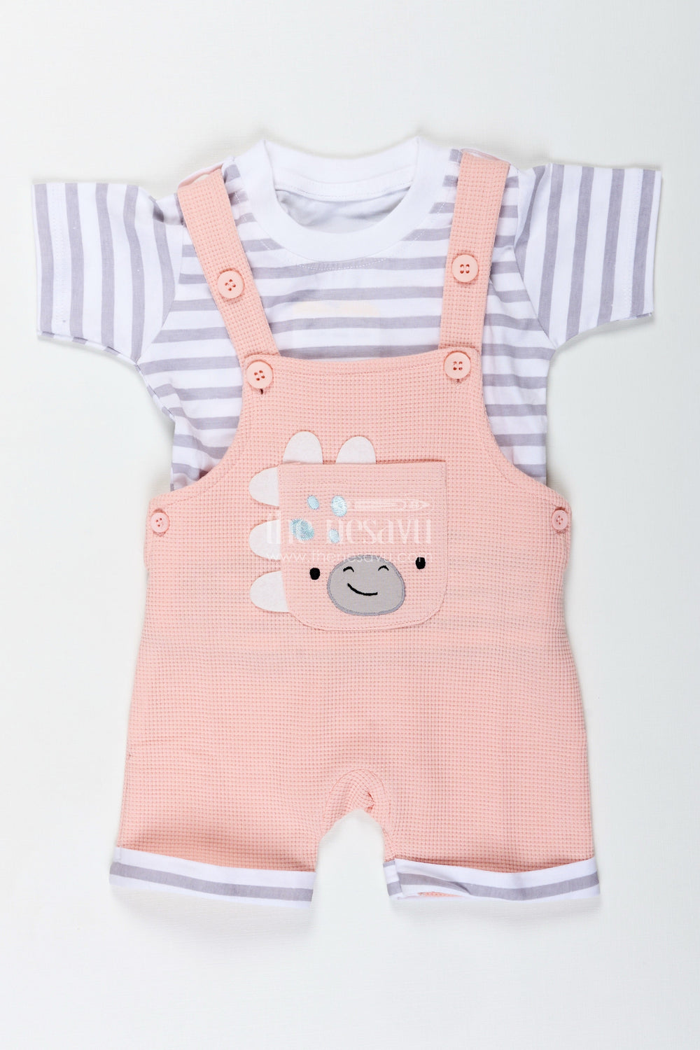 The Nesavu Boys Casual Set Boys Cotton Waffle Knit Peach Dress Casual Set with Striped Tee and Bear Face Dungaree for Everyday Play Nesavu Nesavu Boys Peach Dress Casual Set Cotton Waffle Knit Dungaree Striped Tee Featuring Bear Face